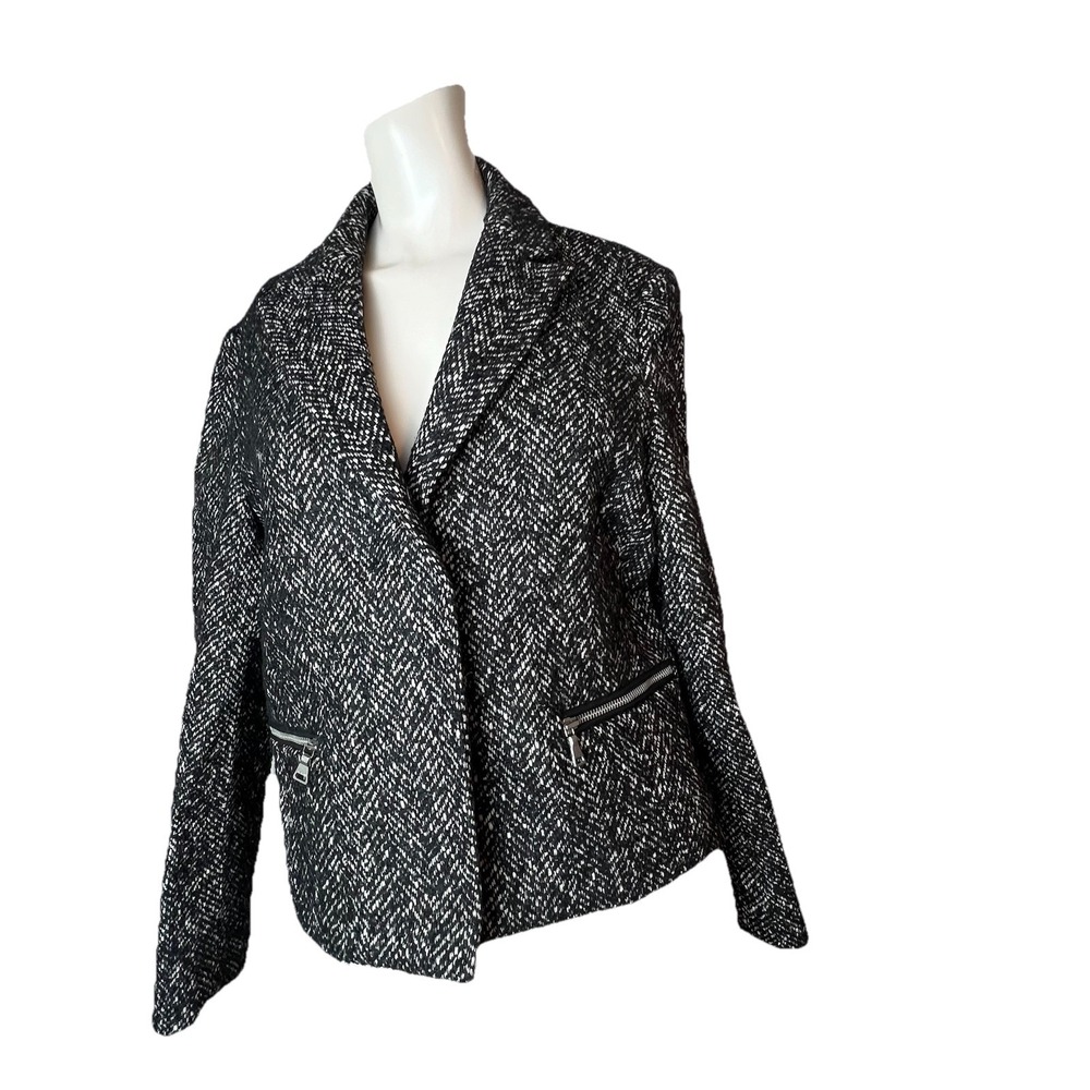 Express Blazer Black White Wool Blend Jacket With Faux Zipper Pockets Size 14